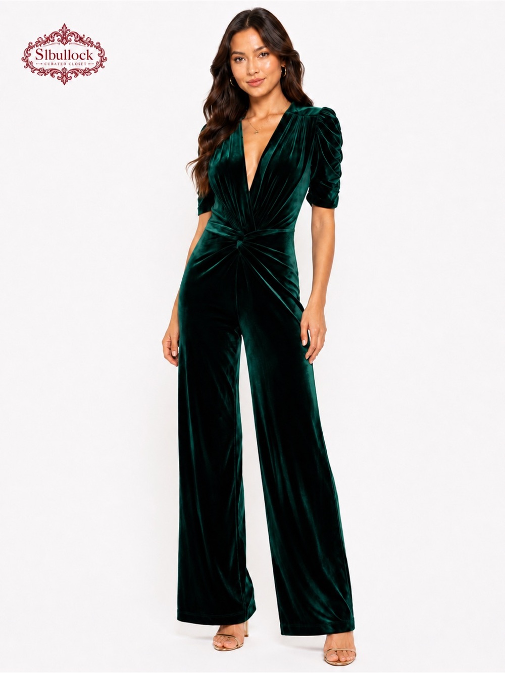 V3 Vince Camuto Emerald Green Velvet Wide Leg Jumpsuit Size 2